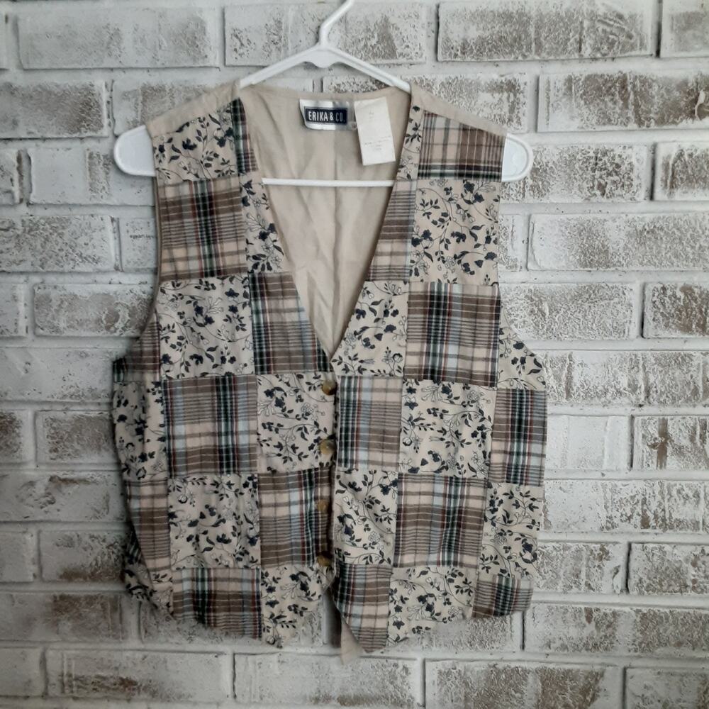 Vintage Erika & Co. Patchwork Vest sz L Earthtones & Blues tie back